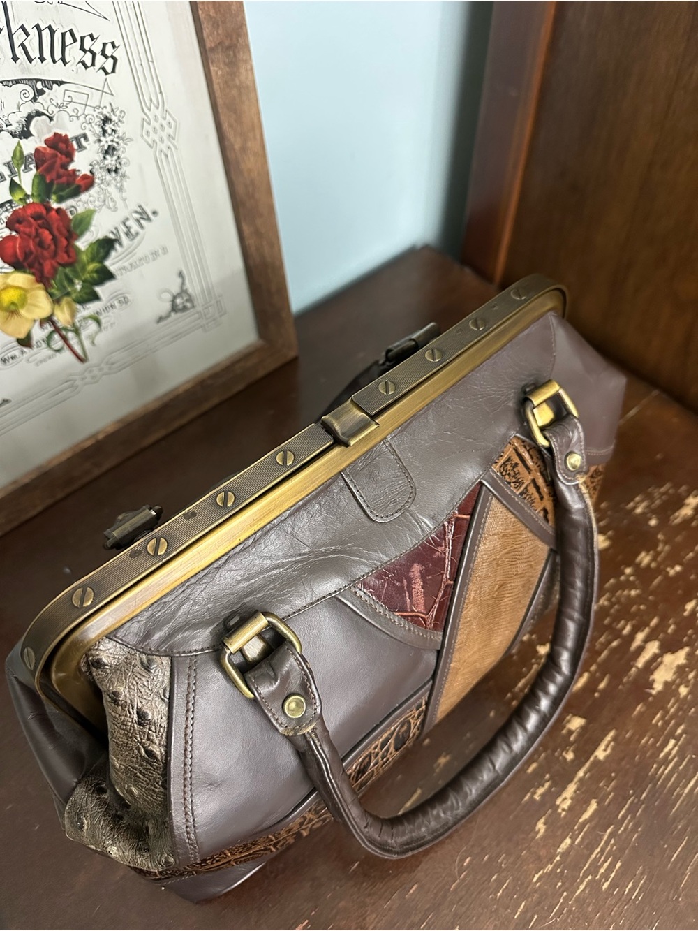 CAPRICE Brown Patchwork Kiss Lock Satchel Western Boho - Picture 3 of 6